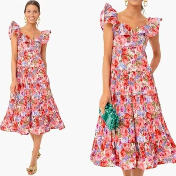 Beulah Tuckernuck Exclusive Rita Floral Pleated Tiered Midi Dress Multi Large - Picture 1 of 4